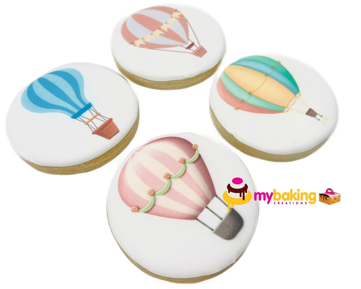 Custom printed hot air balloon cookies San Francisco bakery